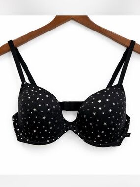 Victoria's Secret Bra Black Demi Cup Lined Metallic Star Print Size 36C